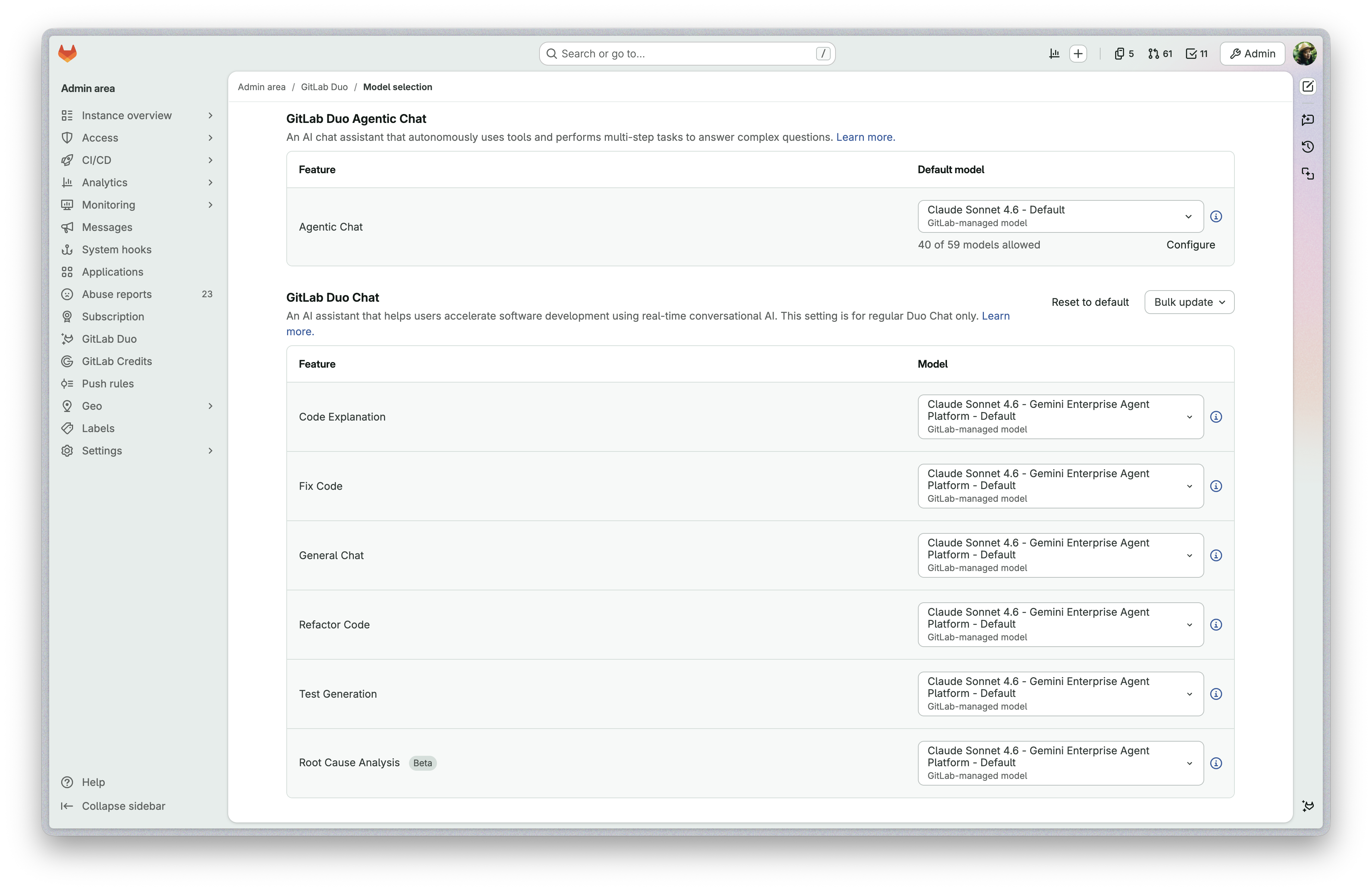 After: Move Agentic Chat allow-list under Default model