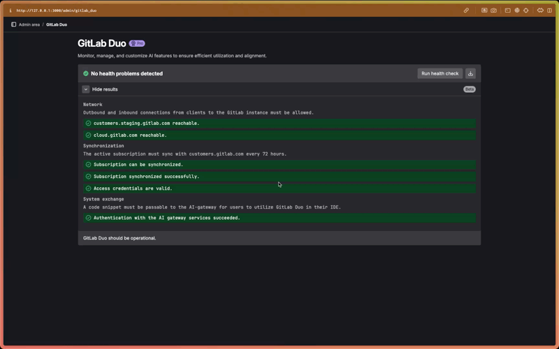 GitLab Duo diagnostic interface showing system health checks and configuration status in dark mode