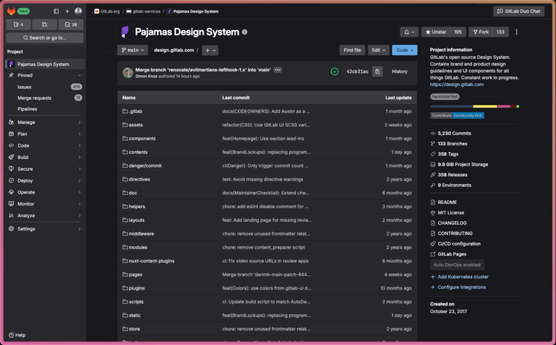 GitLab repository interface showing the Pajamas Design System in darkmode