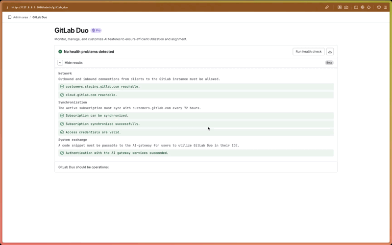 GitLab Duo diagnostic interface showing system health checks and configuration status