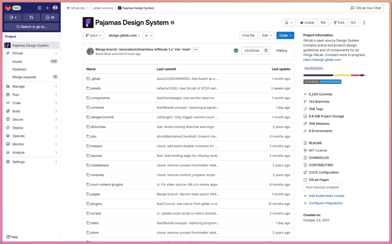 GitLab repository interface showing the Pajamas Design System