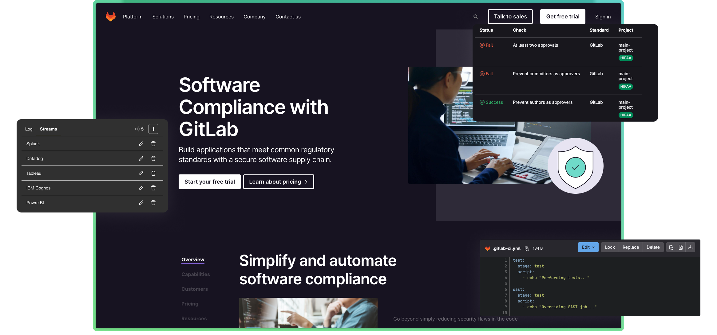 GitLab compliance features interface showing various security and compliance controls